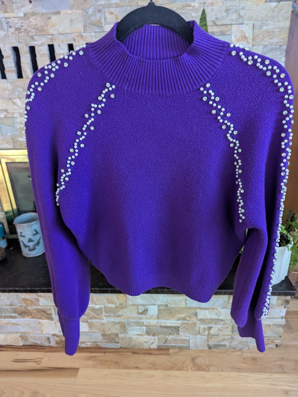 Girls' Purple Pearl-Accent Mock Neck Sweater